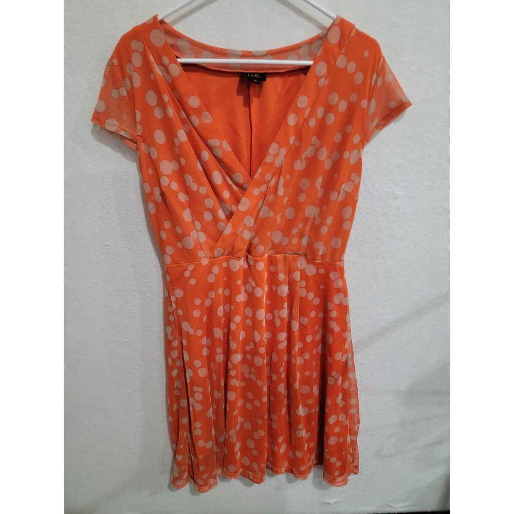 ILE New York Orange Polka Dot Mesh Dress Women's Size 16 V-Neck‎ Fit & Flare